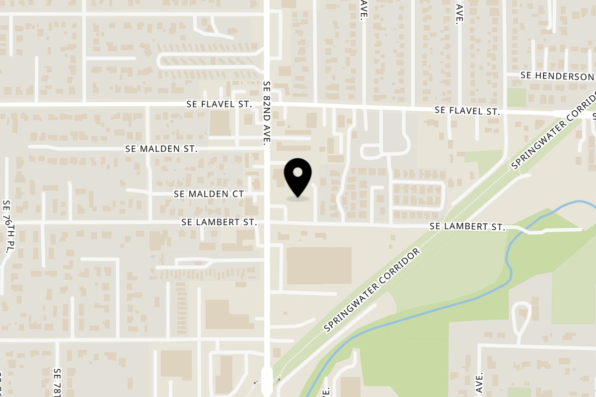 Map showing the location of Mgwalexs Hawaiian Grill on 7766 Southeast 82nd Avenue, in Portland